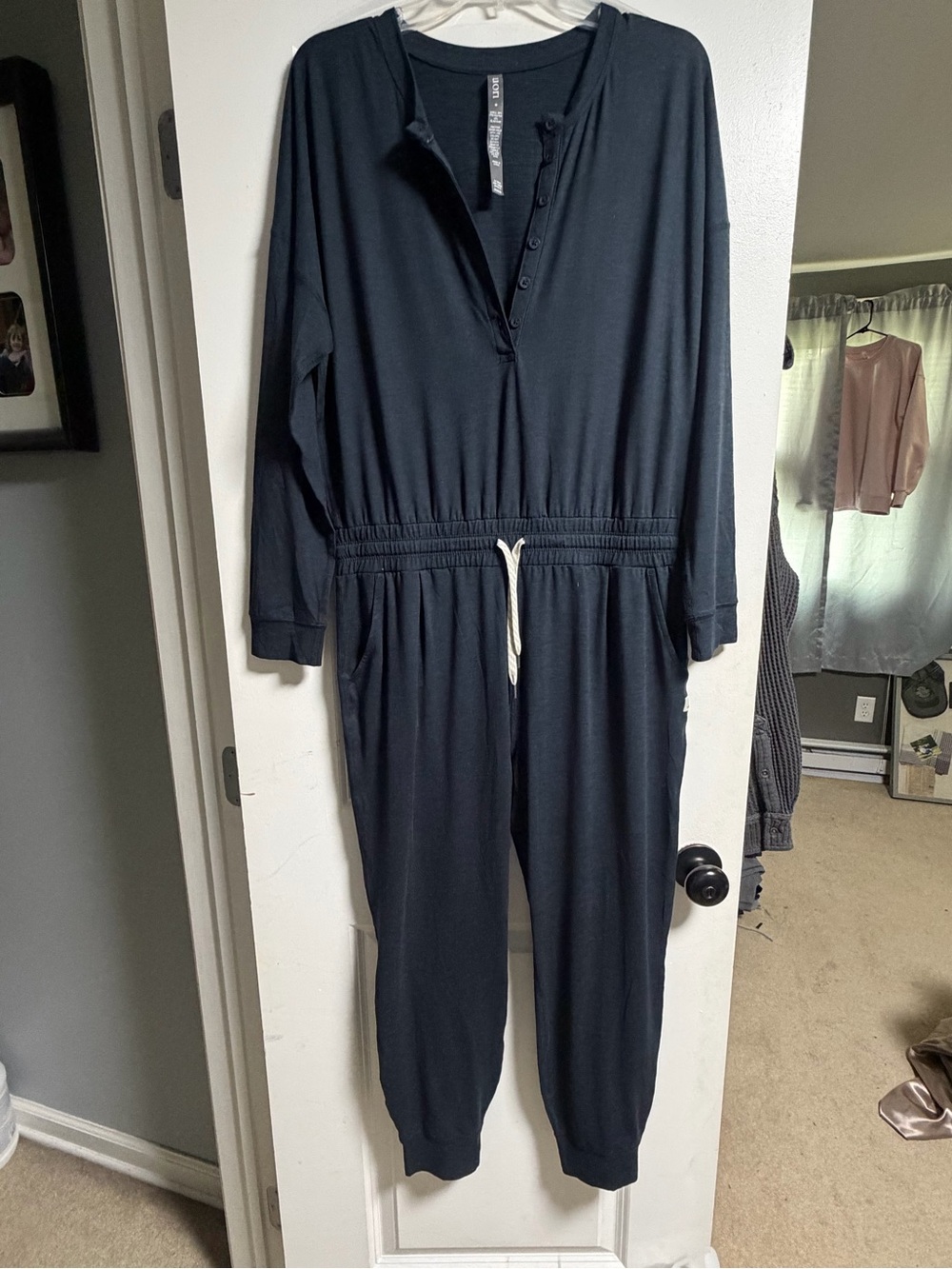 Vuori Navy Long-Sleeve Henley Jumpsuit with Drawstring Waist